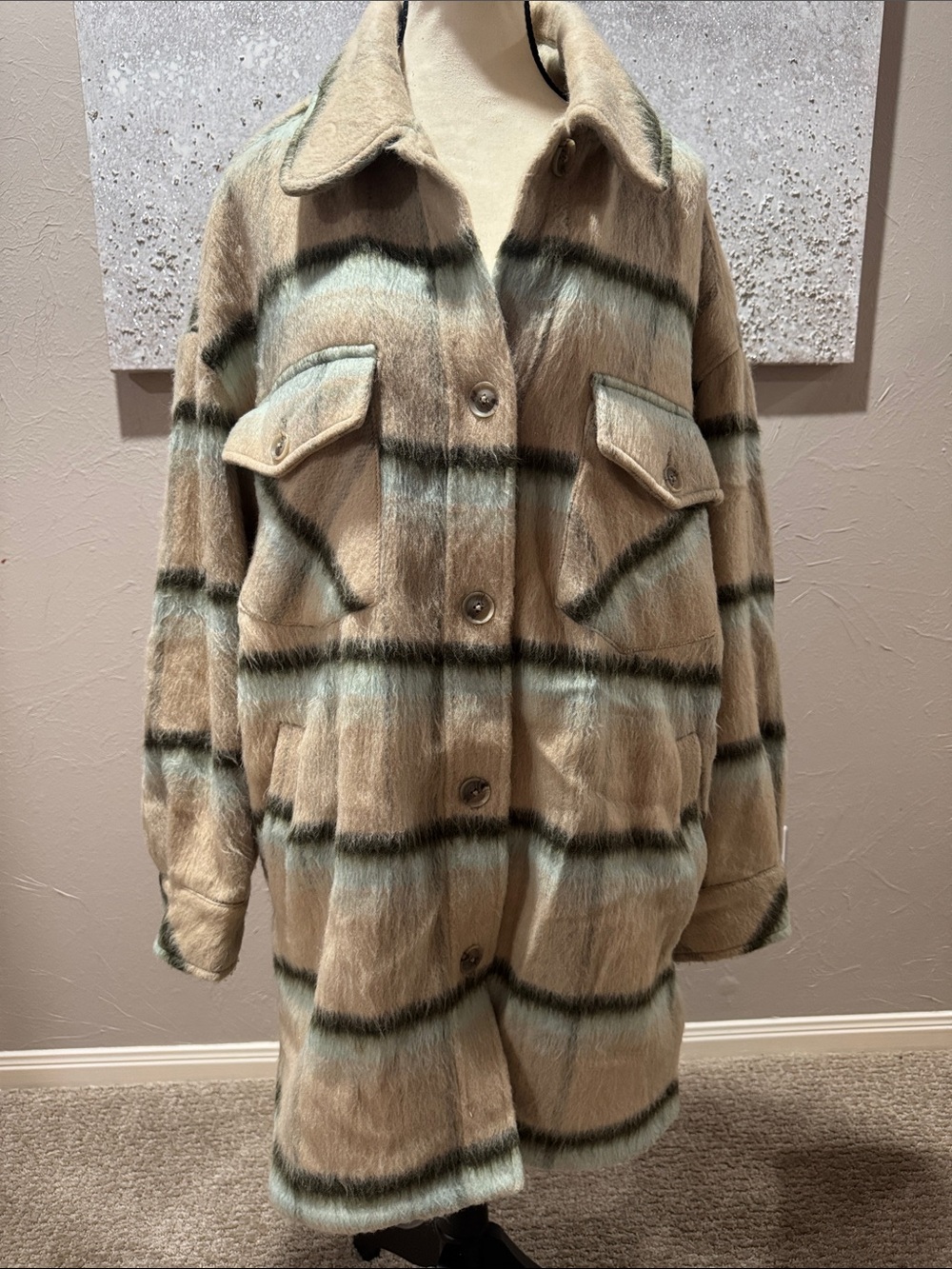We The Free Beige Plaid Teddy Jacket with Green Stripes